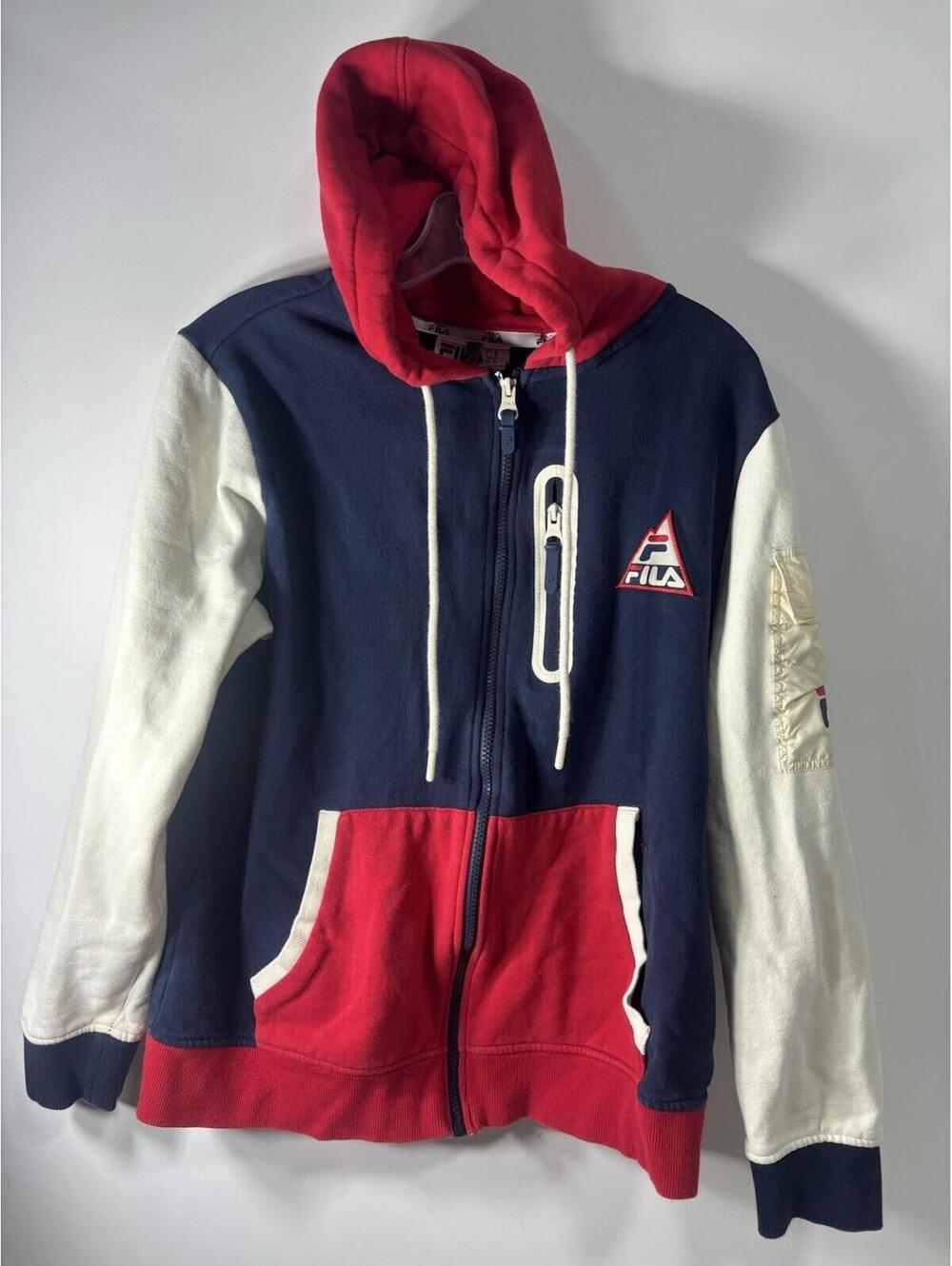 FILA Hoodie Men's Medium Navy White Red Colorblock Logo Pullover Sweatshirt
